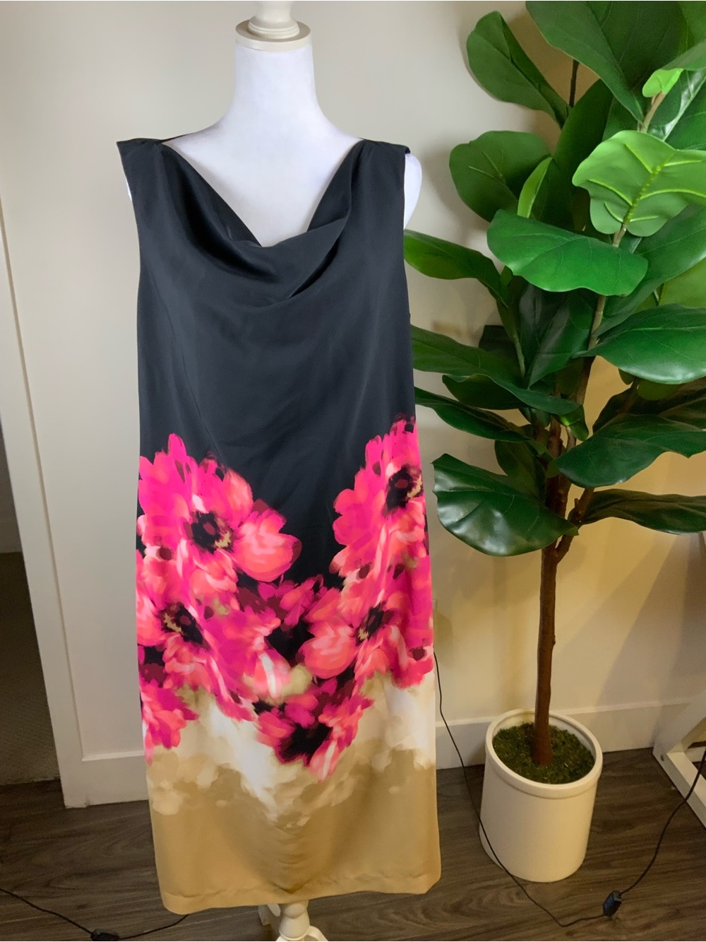 DKNY Black Maxi Dress with Pink Floral & Tan Hem